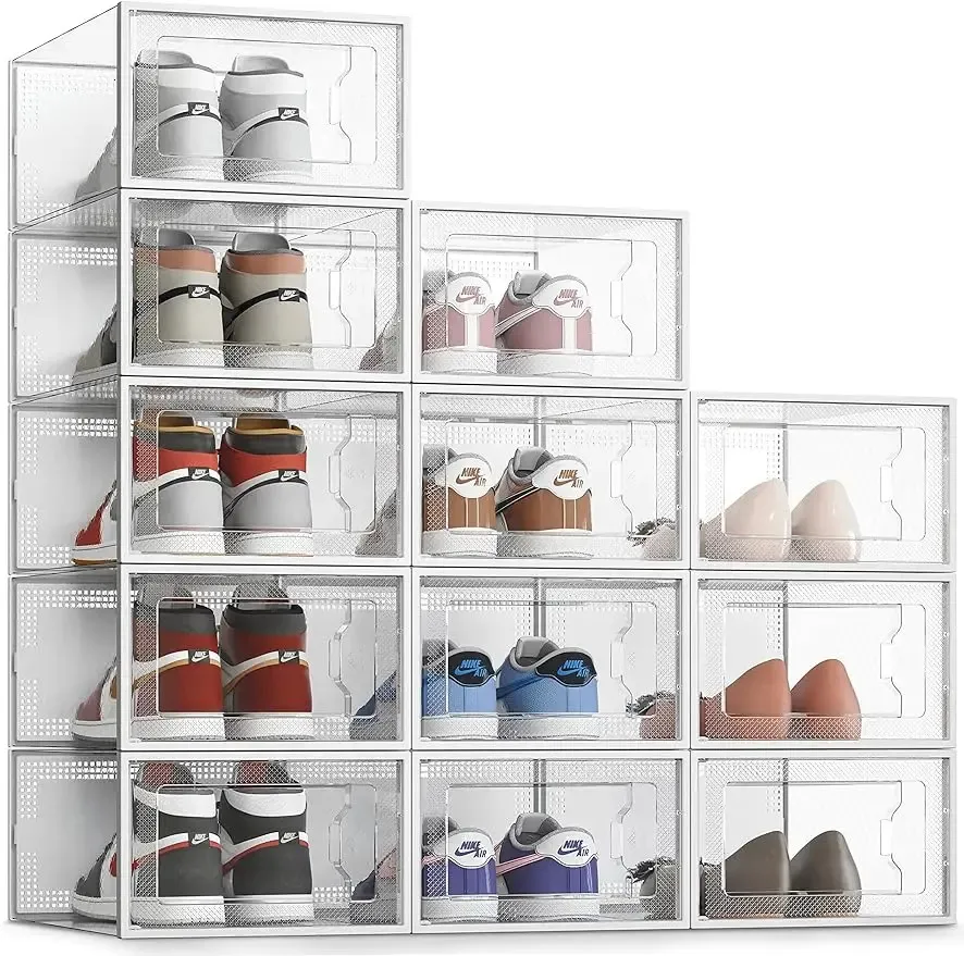 12er-Pack große Schuhaufbewahrungsboxen für Schränke, Größe 11, durchsichtige, stapelbare Sneaker-Behälter aus Kunststoff mit Deckel 240116