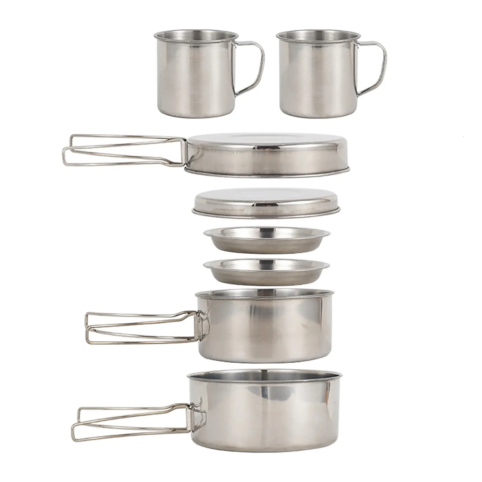 8pcs Kit de cuisine de camping Kit portable en acier inoxydable léger Poux de pot de pot avec tasses pour pique-nique extérieur Randonnée 240117