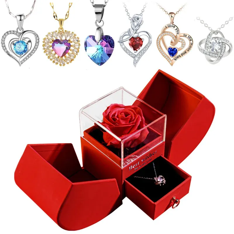 Gåva till kvinnor Eternal Rose Present Box /W Heart Necklace I Love You to the Moon and Back Flower Jewelry Box för Valentine Wedding 240117