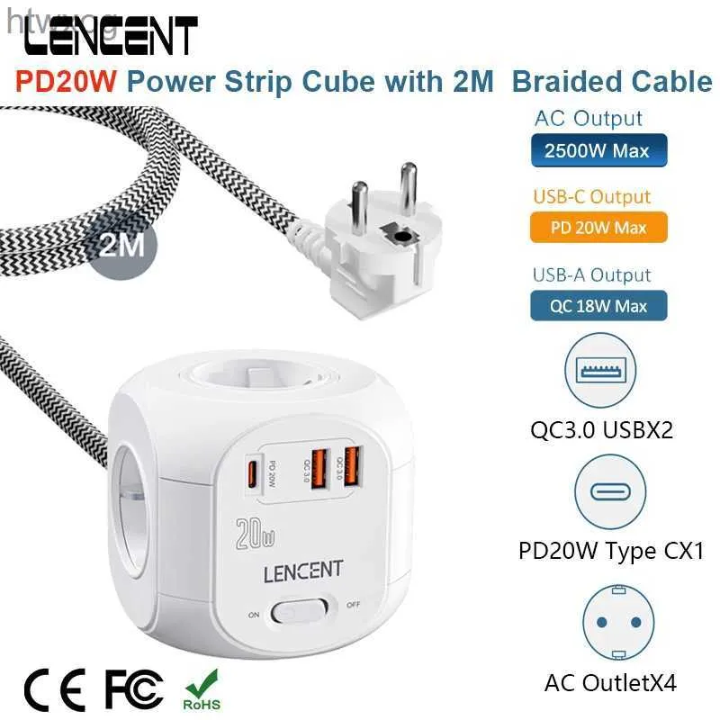 Prise de câble d'alimentation LENCENT Power Strip Cube avec 4 prises AC + 2 QC3.0 USB + 1 PD20W Type C 2M/3M Câble tressé Multiprise avec interrupteur pour la maison YQ240117