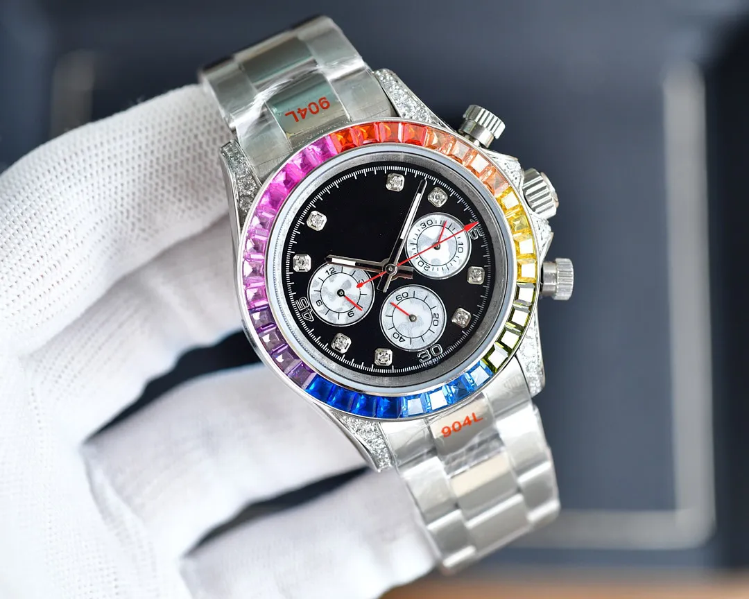 Prodotto dalla fabbrica N Orologi di design da uomo Quadrante con diamanti arcobaleno da 40 mm Movimento meccanico automatico Orologi da polso in vetro zaffiro luminoso Orologio alla moda