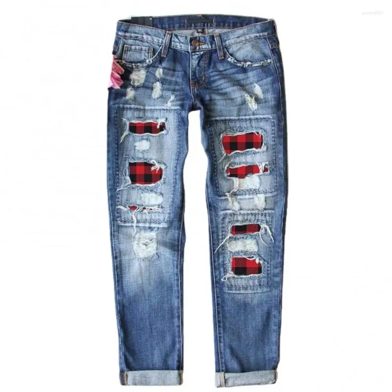 Kvinnors jeans sommar vintage kvinnor mode rippade hål rutiga lapp lapptäcke långa denim byxor casual streetwear byxor