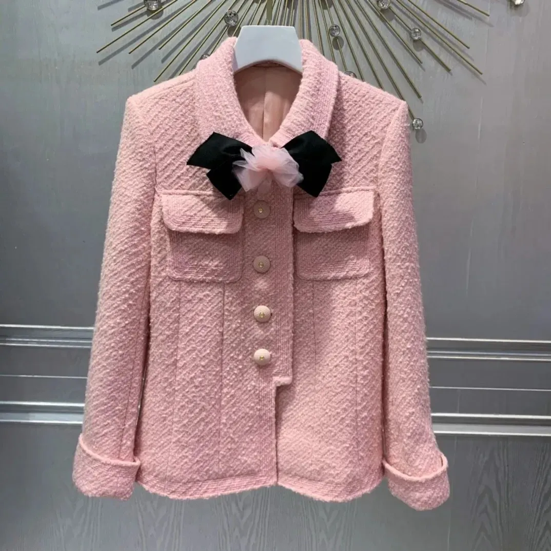 Giacca cardigan da donna in tweed a botte dritta con fiocco rosa stile primavera-estate da ragazza 240116