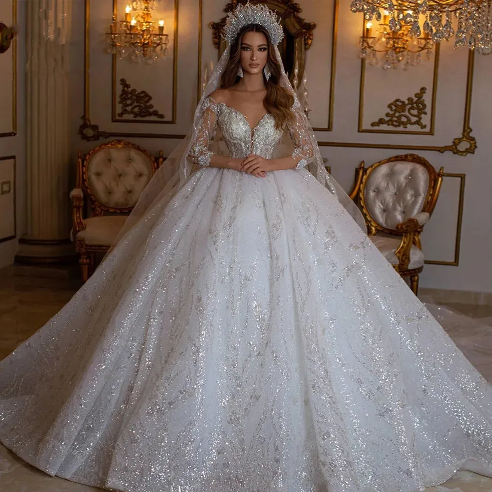 Luksusowa suknia balowa suknia ślubna 2024 V szyja z ramion vestido de novia koronkowa cekinowa elegancka szata de Mariee Bridal