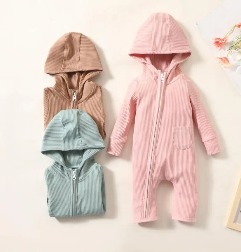 Nouveau-né bébé garçons fille 018M coton fermeture éclair manches longues à capuche barboteuse enfants couleurs unies combinaison Bebe Playsuit9982236