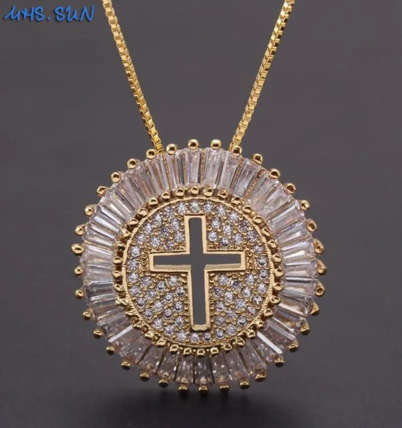 MHSSUN luxe rond CZ Zircon Collier croix catholique pendentif chaîne Collier Femme couleur or bijoux cadeau de noël5867597