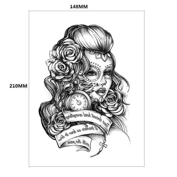 Conjunto de beleza estilo punk de maquiagem com tatuagem simulada, padrão colorido, braço de flor, impressão de transferência de água, adesivo à prova d'água