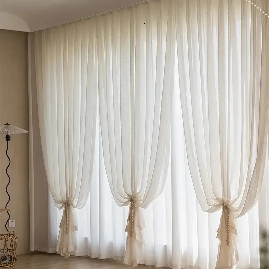 Japoński w stylu Tiul Curtain okno do salonu Brązowy bawełniany lniany zasłona do sypialni Sheer Drapes 240117