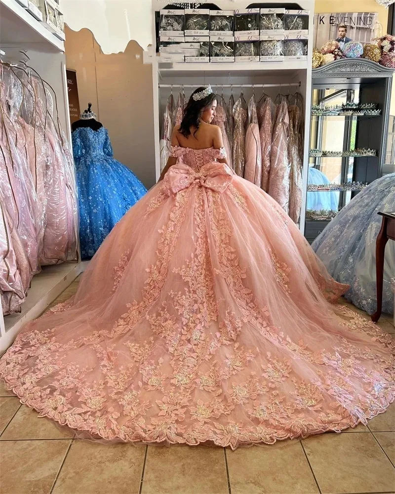 Off The Shoulder Ball Gown: Princess Pink Quinceanera Dress Beaded