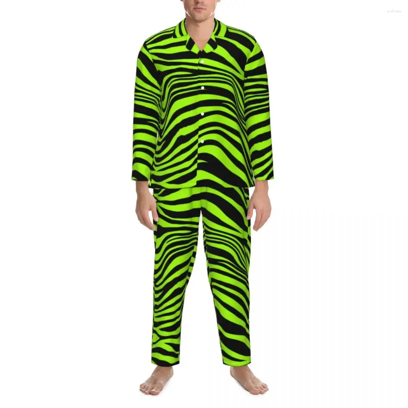 Herren-Nachtwäsche, Pyjama, Mann, grüner Tiger, Linien, Freizeit-Nachtwäsche, Tierdruck, 2-teilig, lässig, lockere Pyjama-Sets, Langarm, Übergröße, Zuhause