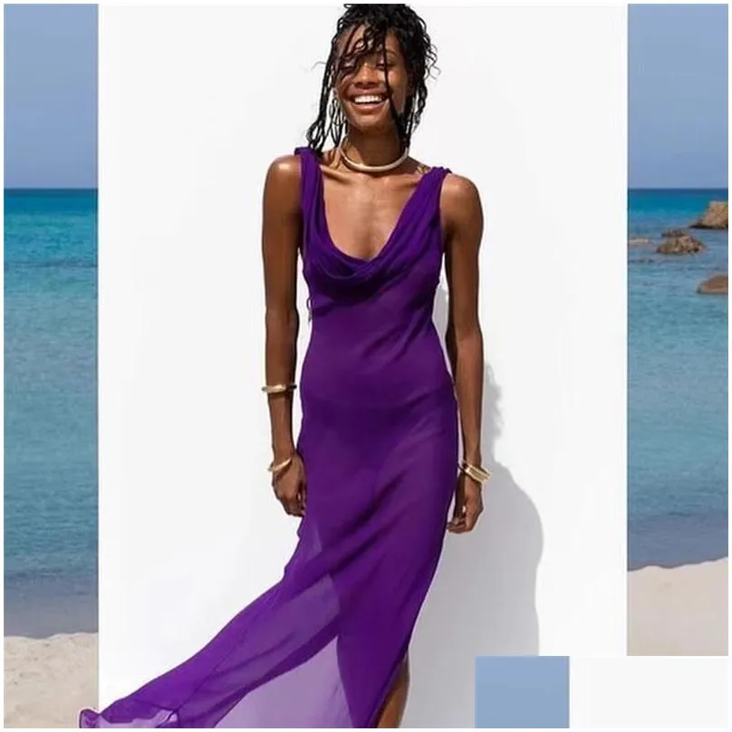 Abiti casual di base Abiti casual Abiti a rete con collo alto senza maniche Abito maxi trasparente senza schienale Donna Spiaggia estiva Y Vedere attraverso la parte lunga Dh5B1