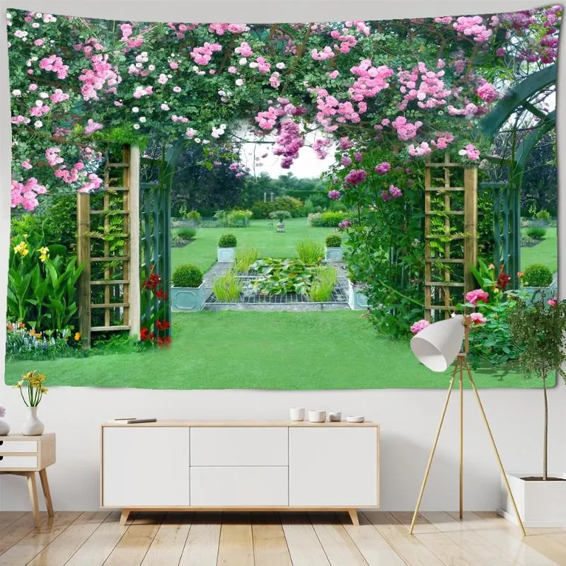 Tapeçarias Jardim Flor Avenida Paisagem Tapeçaria para Sala de estar Quarto Decoração de Parede Pendurado Fundo Boho Cobertor