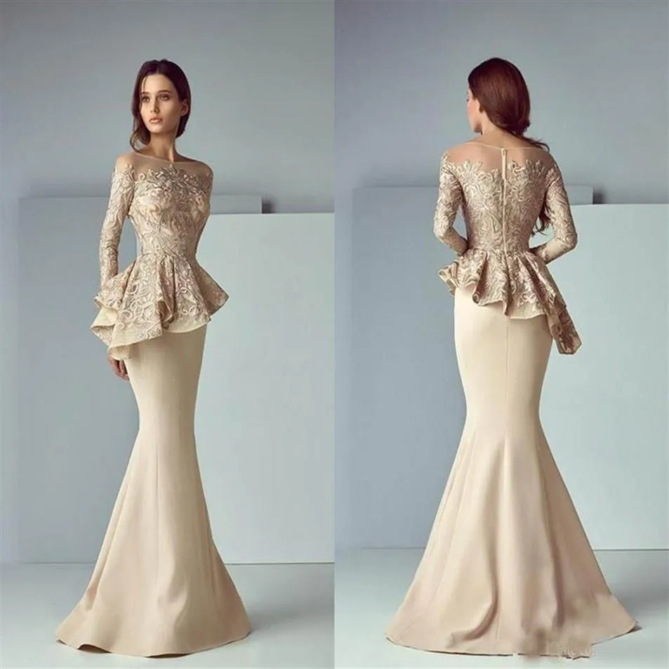 Mother Of The Bride Dresses Jewel Neck Mermaid Illusion Long Sleeves Lace Appliques Peplum Wedding Guest Gowns Plus Size Mothers G245A