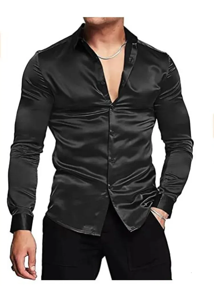 Camisa de vestido de cetim de seda brilhante luxuosa masculina manga comprida casual magro músculo botão para baixo camisa plus size S-3XL 240117