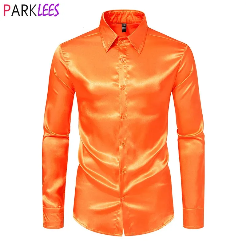 Pomarańczowe męskie satynowe koszula 70s Disco Dance Dance Sukienka Koszulki Mężczyzn Party Wedding Długie rękaw Casual Shirt Chemise Homme 2xl 240117