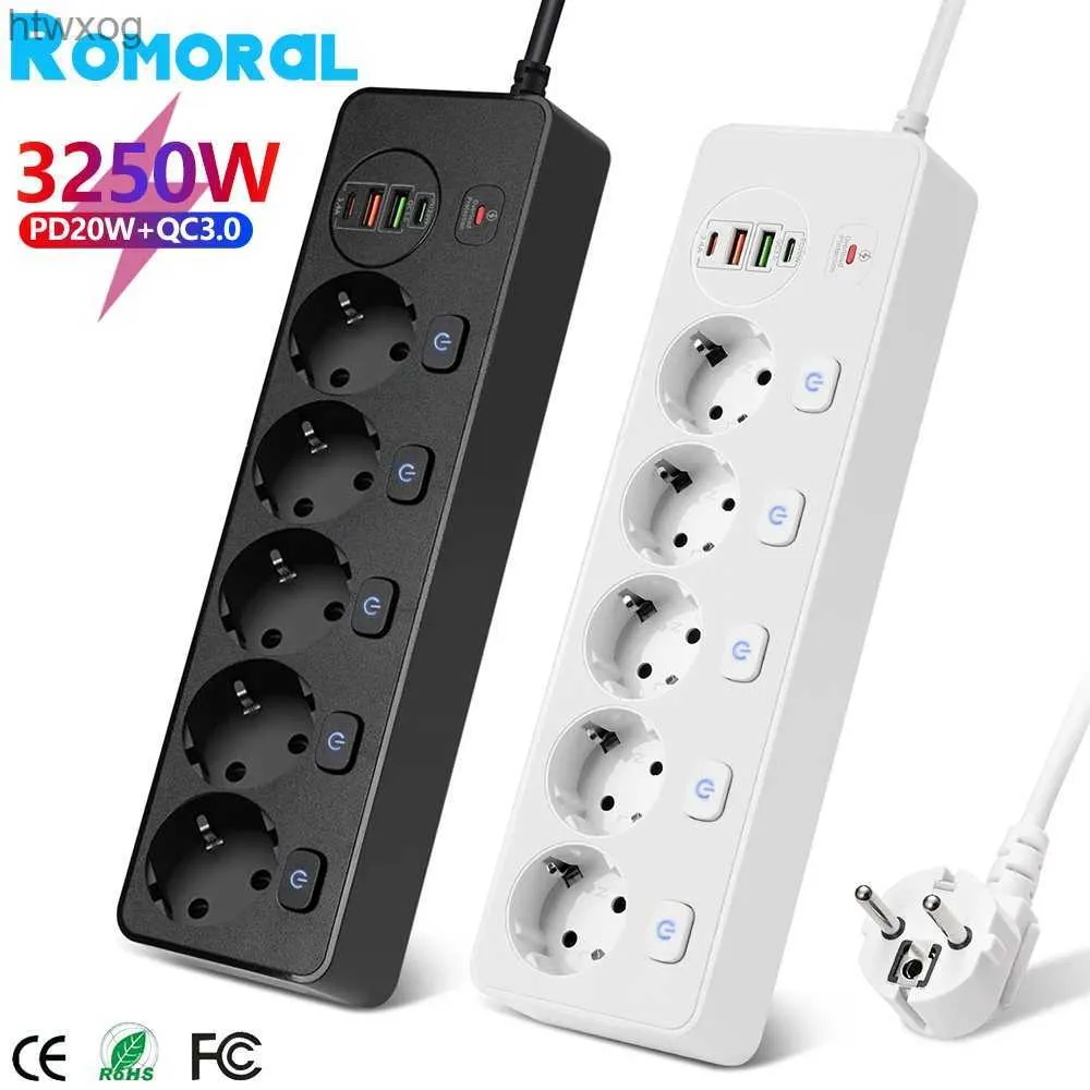 Power Cable Plug EU Plug 5 AC Outlet Power Strip Multitap Extension Cord Electrical Socket med 20W PD QC3.0 USB Fast Charger MultipRise Network YQ240117