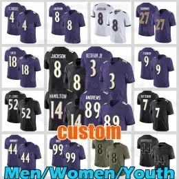 Men Baltimore``Ravens``8 Lamar Jackson Odell Beckham Jr. Football Jersey Mark Andrews Zay Flowers Roquan Smith Kyle Hamilton Justin Tucker Lewis Humphrey