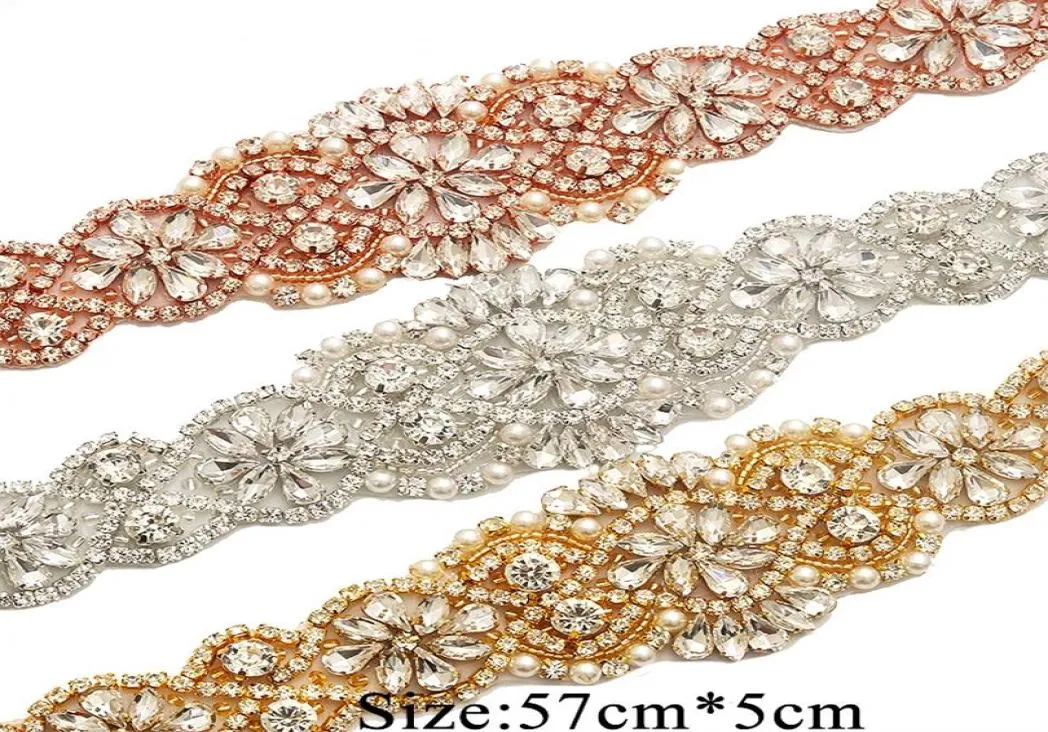 2022 Ceintures de mariage de mariée en cristal de luxe Or Argent Rose Or Ceinture de mariage Bling Diamant Perlé Bijoux faits à la main Ceintures 57CM5CM 9564633