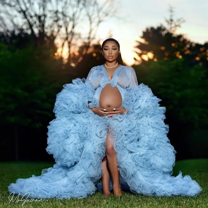 African Light Blue Maternity Dress Robes for Po Shoot or baby shower Ruffle Tulle Chic Women Prom Gowns Ruffles Long Sleeve Pho238q