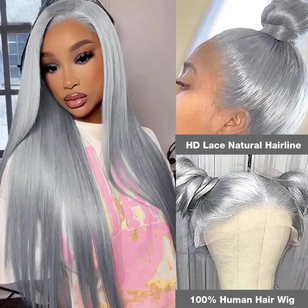 13X4 Straight Hd Lace Frontal Wig Silver Grey Straight Lace Front Wig Remy Brazilian Bone Straight Human Hair Wigs for Women