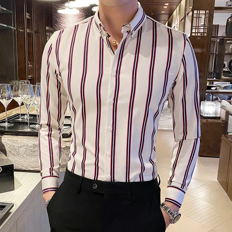 Camisas de Hombre Korean Luxury Clothing Long Sleeve Striped Social Shirts for Men 비즈니스 캐주얼 공식 블라우스 Homme 5xlm 240117