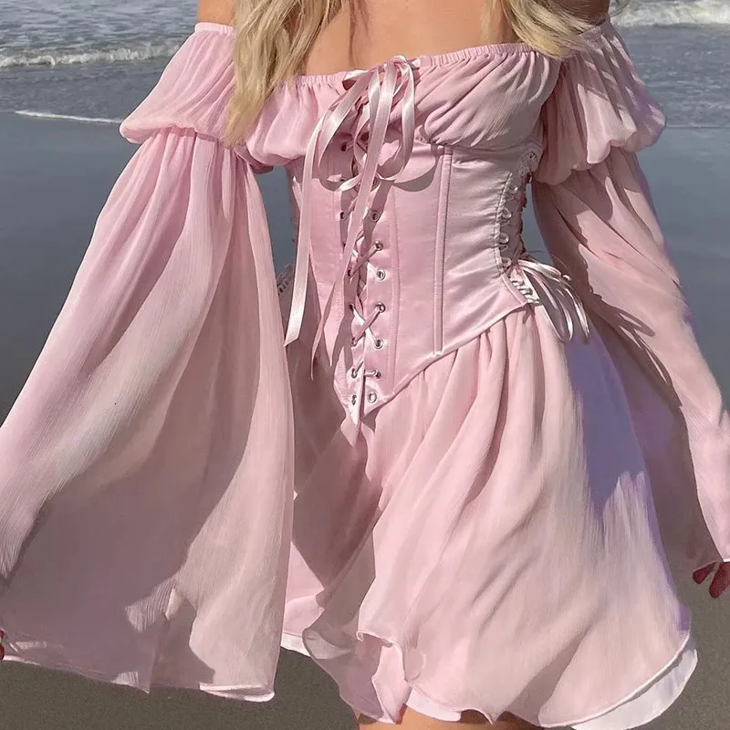 Fée rose mousseline de soie mini robe chic femmes bandage corset vintage manches longues bouffantes robe d'été col oblique demoiselle d'honneur moulante plage 240117