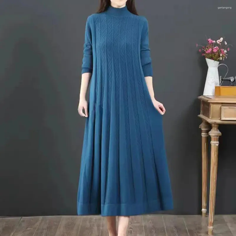 Casual Dresses Loose Waistline Dress Solid Color High Collar Knitted A-line Midi For Women Thick Warm Long Sleeve Pleated Winter