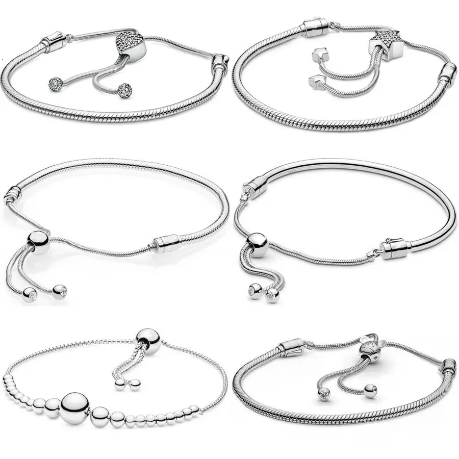 Original 925 en argent Sterling chaîne de perle coeur étoile fermoir coulissant ajuster Bracelet pour Bracelet charme bijoux à bricoler soi-même 240116