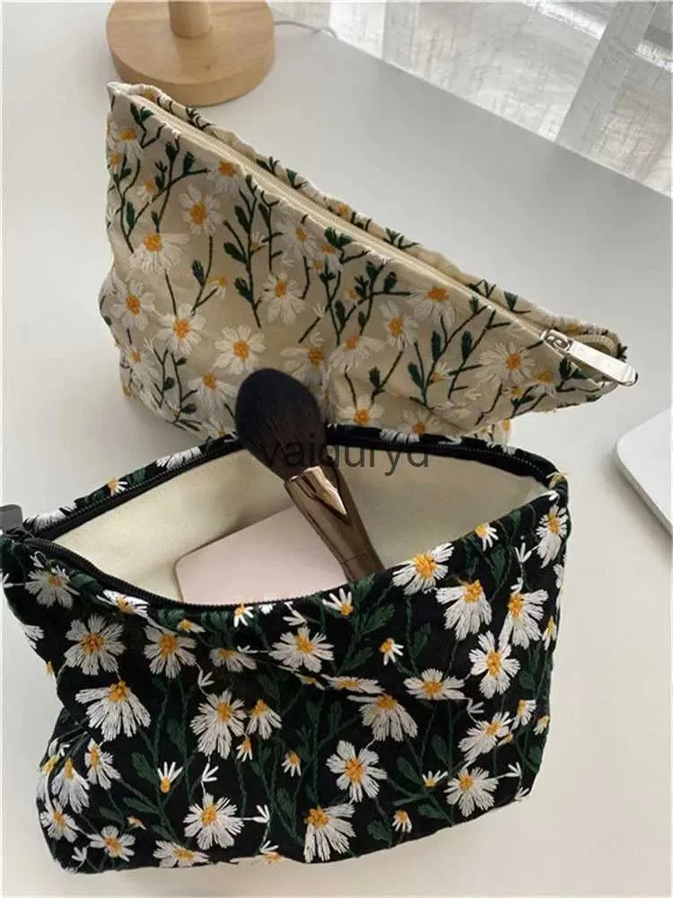 Sacos de armazenamento mulheres saco cosmético bolsa bordado margarida floral coreano viagem saco de higiene lona beleza maquiagem bolsa organizador lápis casevaiduryd