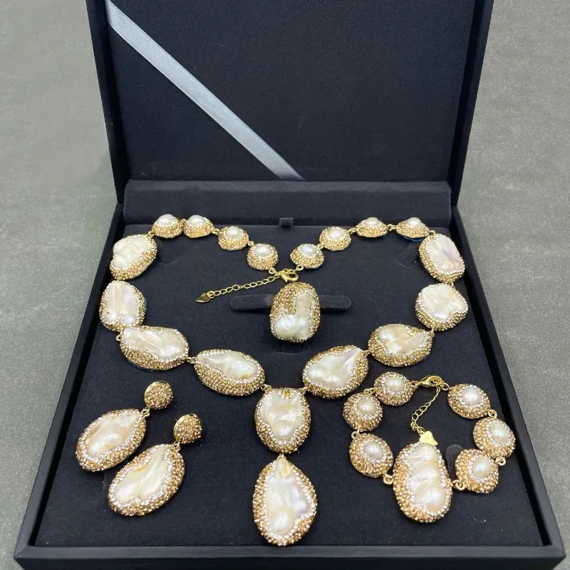 Barlock perfilado colar de pérolas de água doce moda high-end artesanal strass casamento banquete conjuntos de jóias para mulher