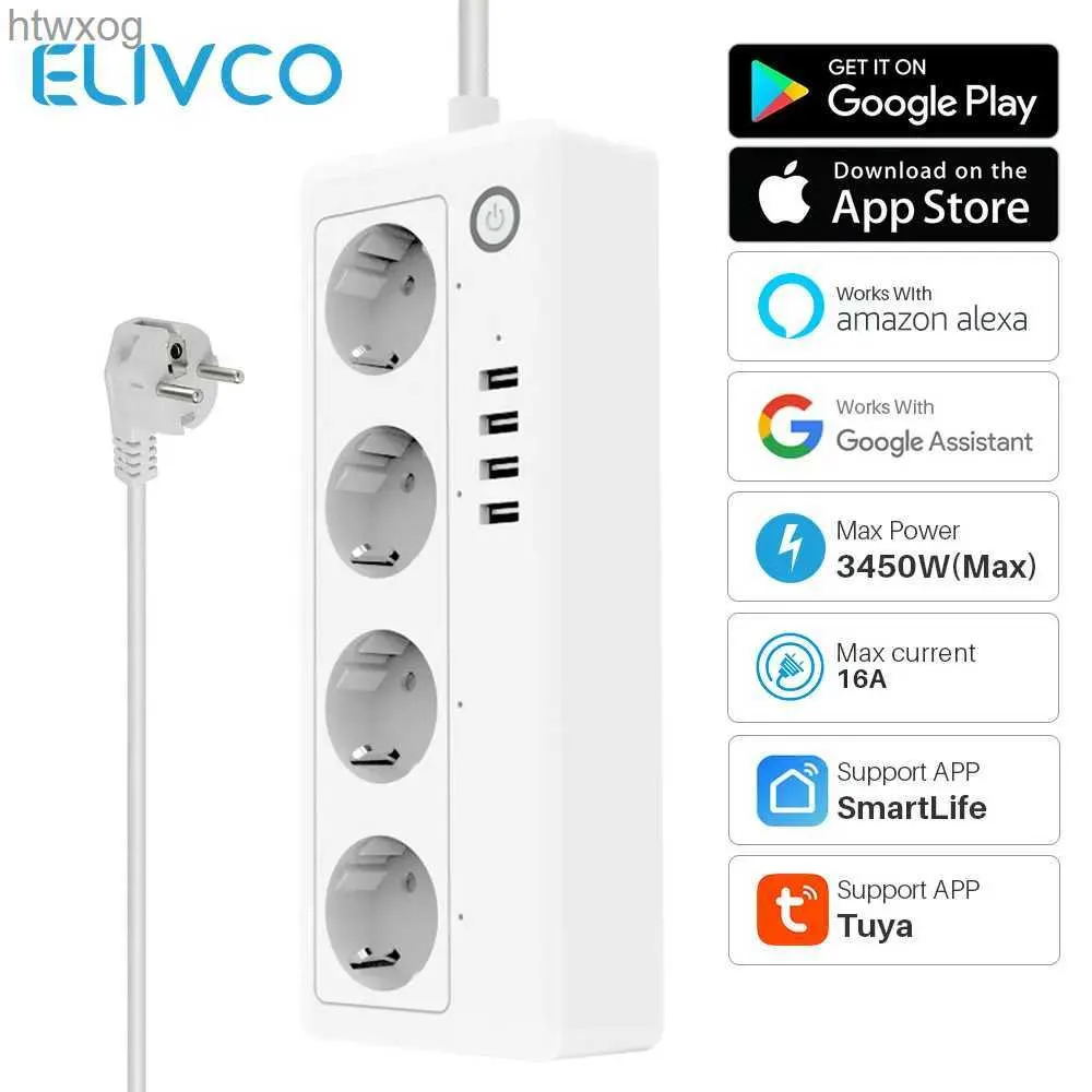 Power Cable Plug Tuya Smart WiFi Power Strip 16A EU 4 Socket 4 USB Charging Ports SmartLife App fungerar med Google Assistant Alexa Voice Control YQ240117