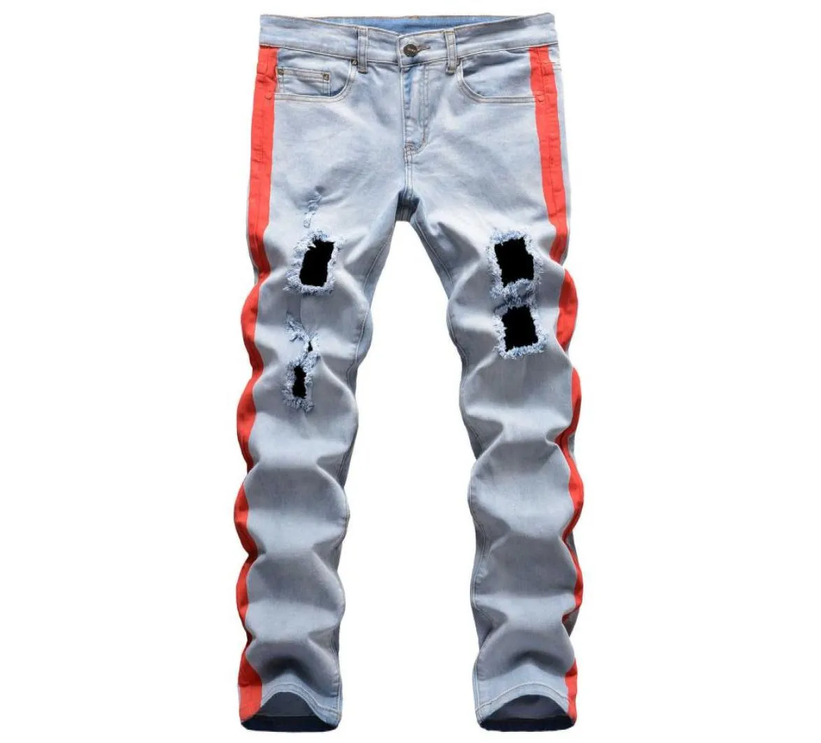 Hip Hop 4 Cores Patchwork Jeans Homens 2021 Buracos Rasgados Slim Fit Calças Jeans Homens Azul Vermelho Amarelo Designer Reta Jeans Azul X06216373162