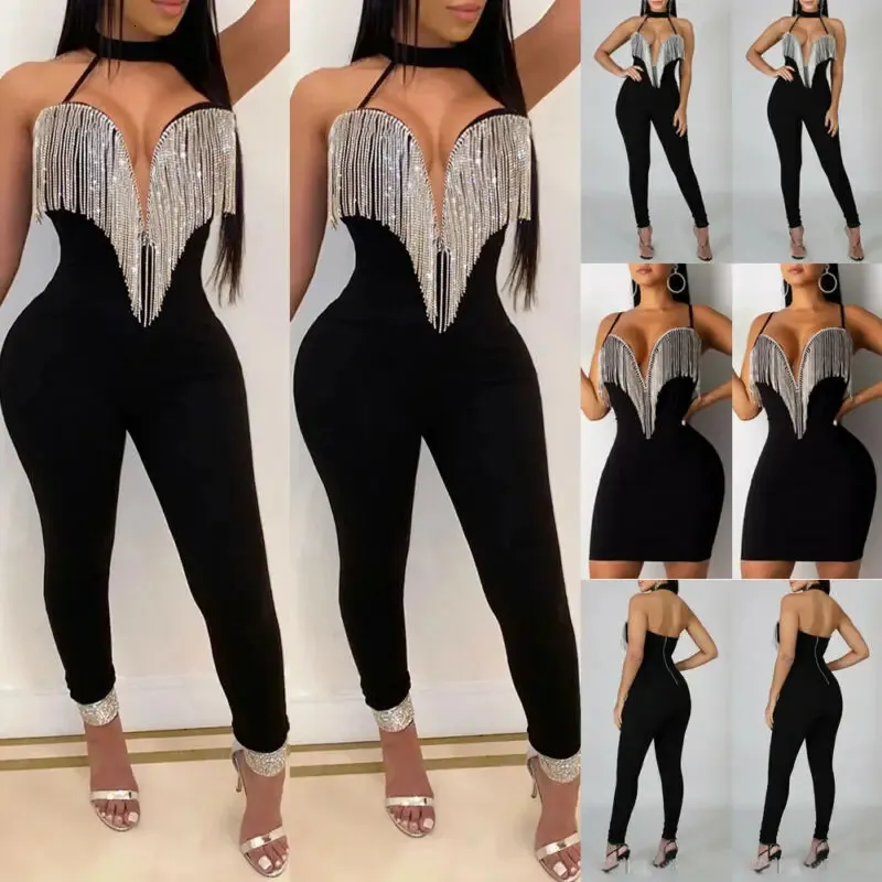 Women Tassels Jumpsuit Romper Spring Autumn Sleeveless V Neck Pants Jumpsuit Clubwear Trousers Outfit Clothes For Female 240116