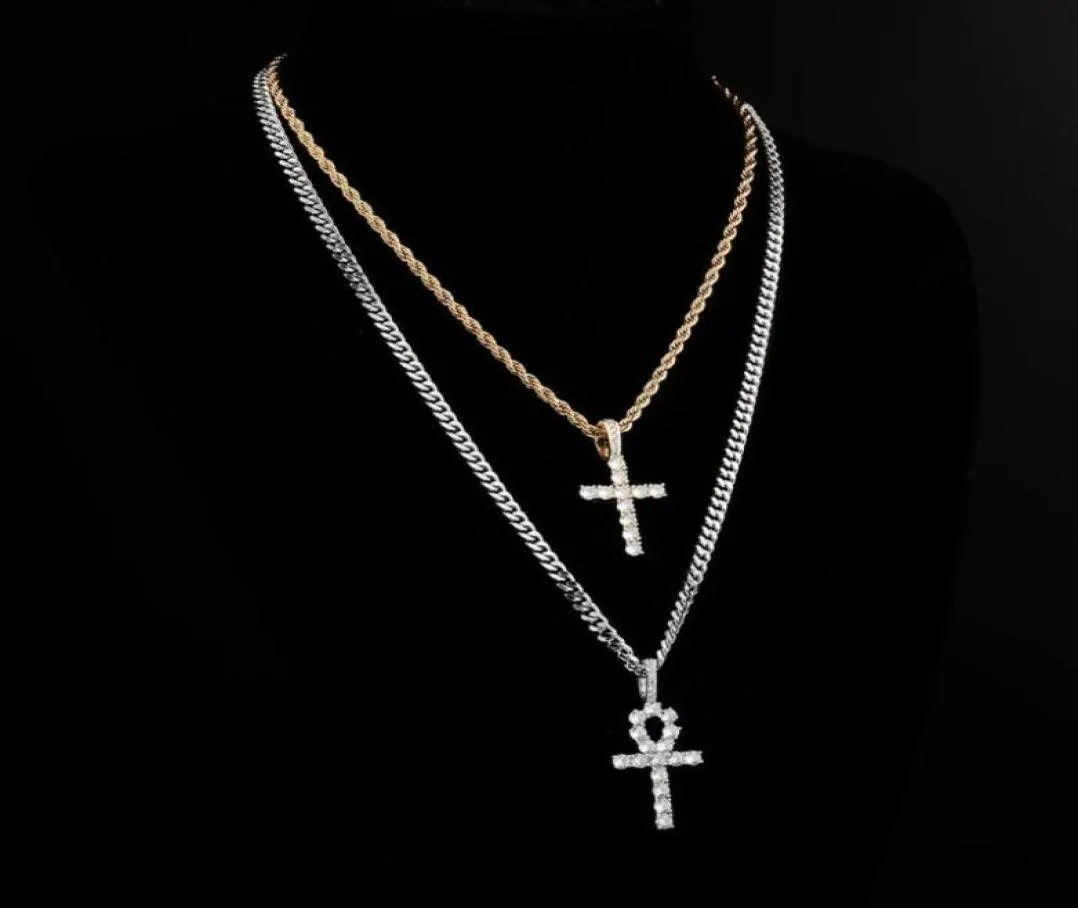 Pendant Necklaces ALLICEONYOU Iced Out Ankh Hip Hop Cross Necklace Jewery Set Cuban Chain Women Gift Link Female Shiny2335709