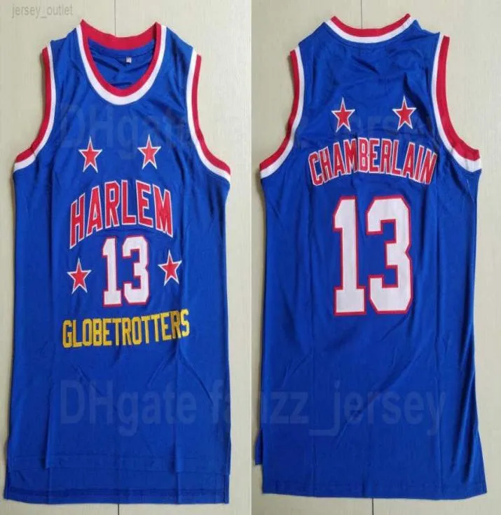 Moive Harlem Globetrotters Wilt Chamberlain Jerseys 13 남자 농구 팀 컬러 블루 스티칭 스포츠 통기성 대학 P1666777