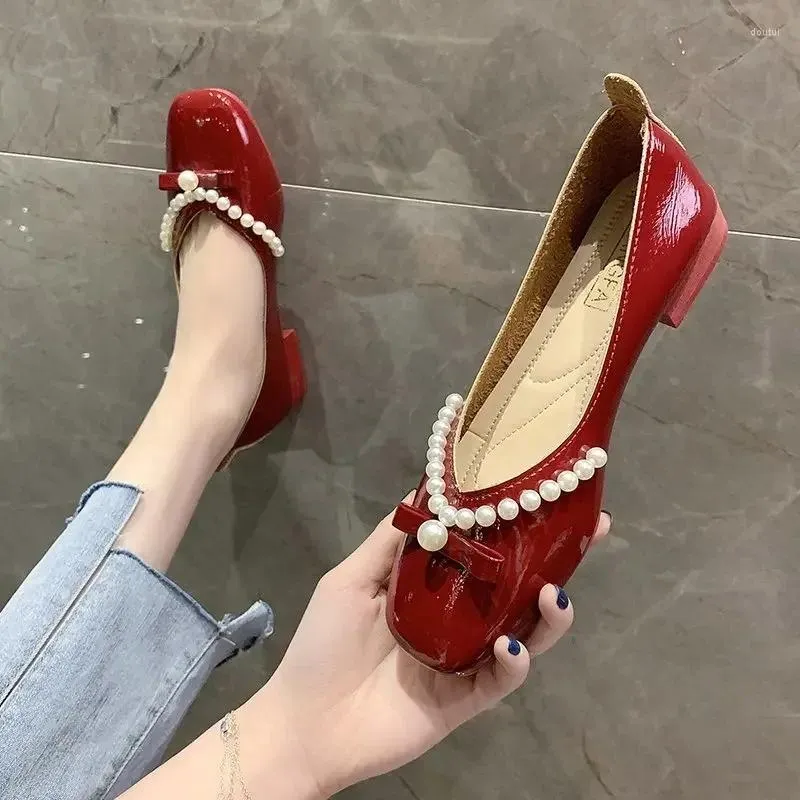 Dress Shoes Pearl Bow Casual For Women Red Square Heel Small Leather Thick Shallow Mouth Slip-on Walking
