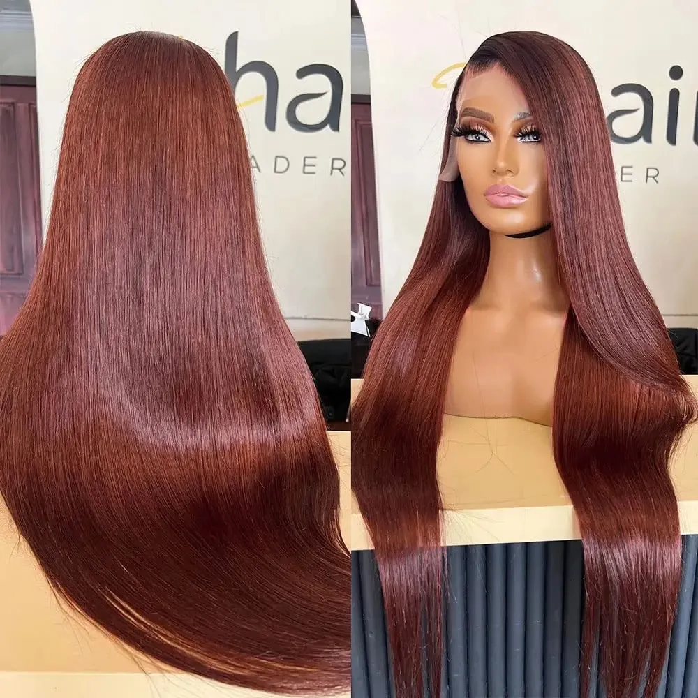 Reddish Brown Lace Front Human Hair Pre Plucked Dark Red Brown Bone Straight 13x4 13x6 HD Lace Frontal Wig on Sale Clearance