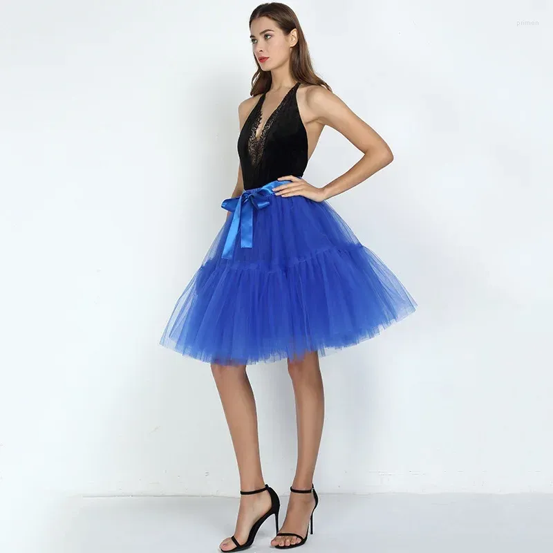 Skirts 2024 Women 5 Layer 60cm Tulle Ball Gown Skirt Party Banquet Elastic Waist Bow Tie Belt Tutu Wedding Faldas Mujer P279