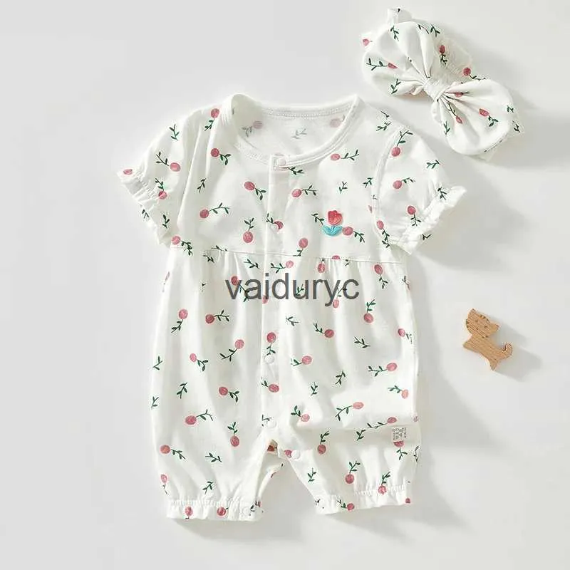 プルオーバー3-24か月夏新生児の女の赤ちゃんロンパーズヘッドウェア2PCSセットコットンプリント衣類幼児ジャンプスーツファッション服女の子h240508
