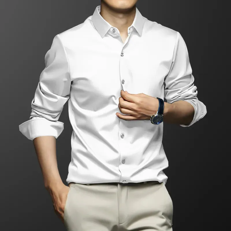 高品質のストレッチアンチウィンクルメンズシャツ男性用スリムなソーシャルビジネスブラウスソリッドカラーシャツ240117のための長袖ドレス