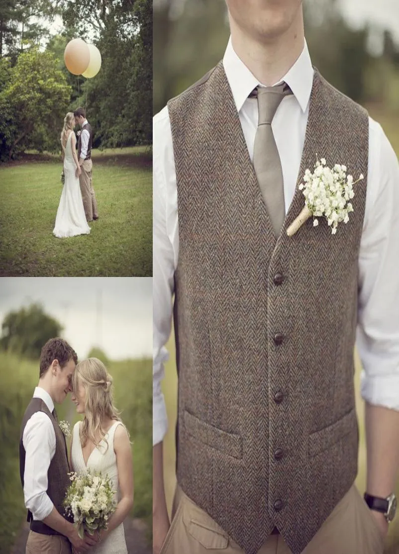 Popular Wool Wedding Groom Vests Tweed Herringbone Groomsmen Vests Dark Grey VNeck Men039s Suit Vests Men039s Dress Vest Wa7318788