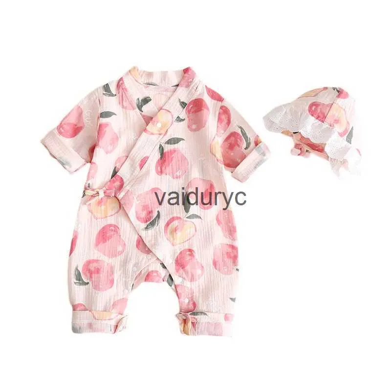 Pullover 0-18 maanden pasgeboren babymeisjes romper hoed katoen solide zachte baby jumpsuit casual print kleding voor meisjes lente herfst 2023 NIEUW H240508