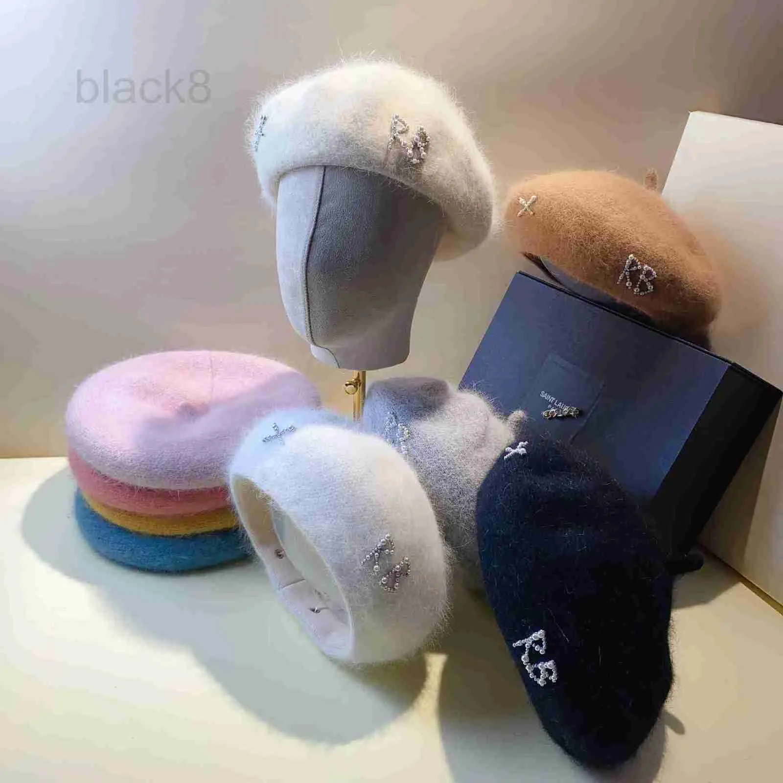 Berets Designer Pearl Angora rabbit hair beret for women's autumn and winter Korean version versatile casual bud painter hat ROMT