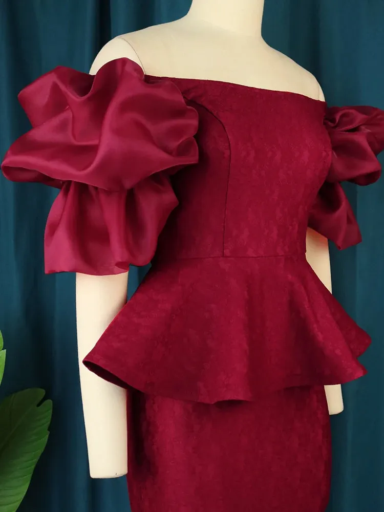 Burgundy Lace Off-Shoulder Peplum Midi semi formal outfits for Plus Size 4XL - Perfect for Fall Evening Parties (2023 240116)