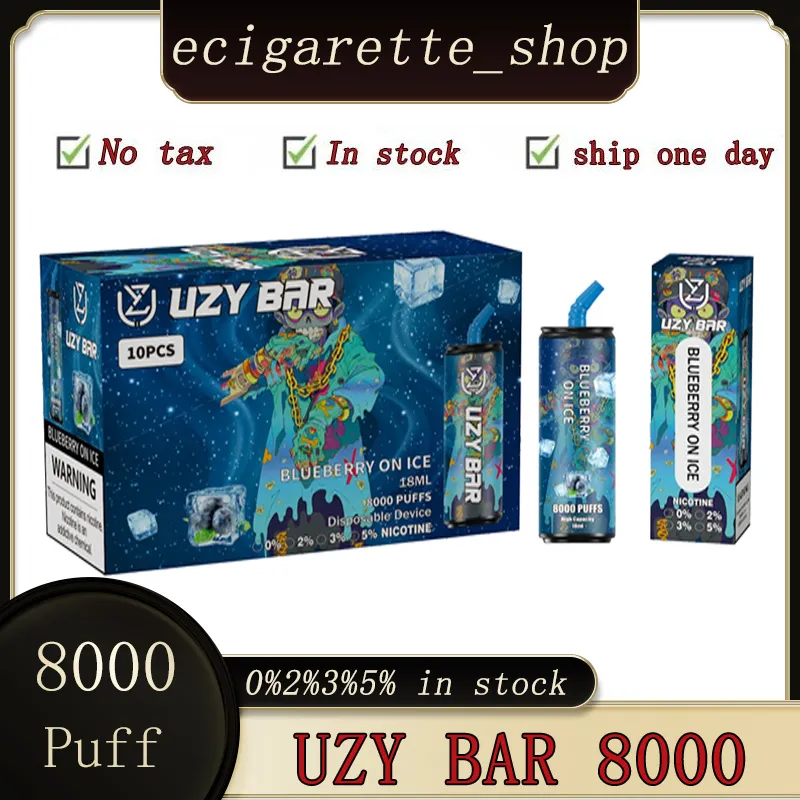 Original UZY Bar 8000 Puff Descartável E Cigarros Vape Pen 1.2ohm Malha Bobina 18ml Pod Bateria Recarregável Eletrônico Puff 8K 0% 2% 3% 5% Puff 8000 Kulx 8000 Coke Jar