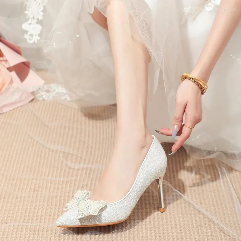 Klänningskor 2024 Vit 8 cm High Heels Women Stiletto Heel Bridesmaid Wedding Sequins Point Toe Size 31-43