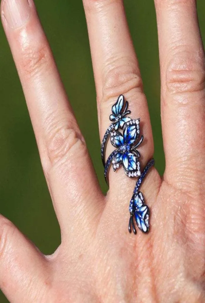 Bröllopsringar europeiska vintage kvinna elegant oljeblå fjäril blomsterring högkvalitativ handgjorda emalj smycken gåva5724365