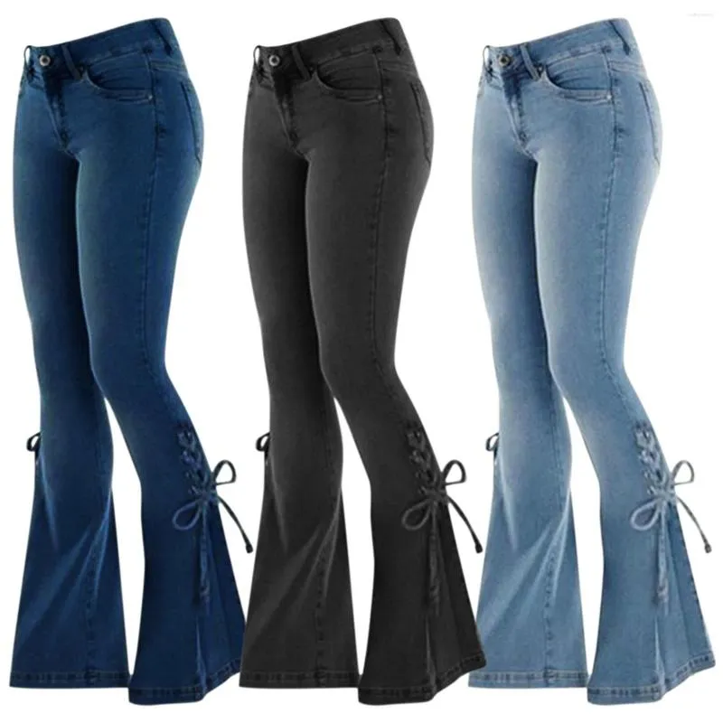 Kvinnors jeans snör upp klockbotten denim storlek 16 byxor för kvinnor jean jumper kvinnor kläder kort