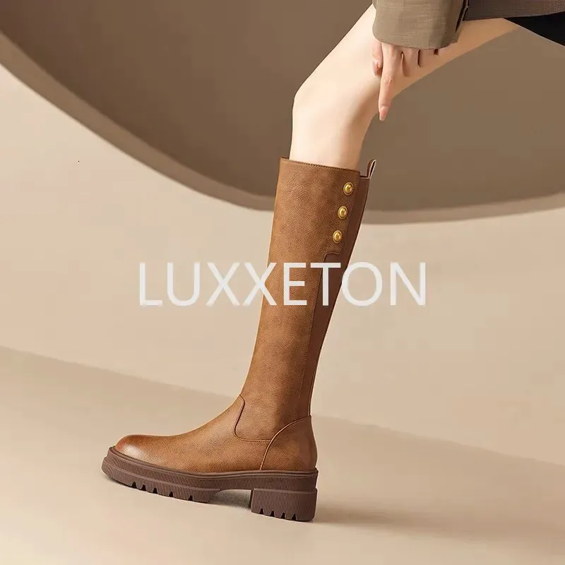 Meotina, diseño de marca, botas hasta la rodilla de cuero genuino para mujer, botas de montar, zapatos de tacón grueso con plataforma para mujer, zapatos de Otoño Invierno Beige 240116