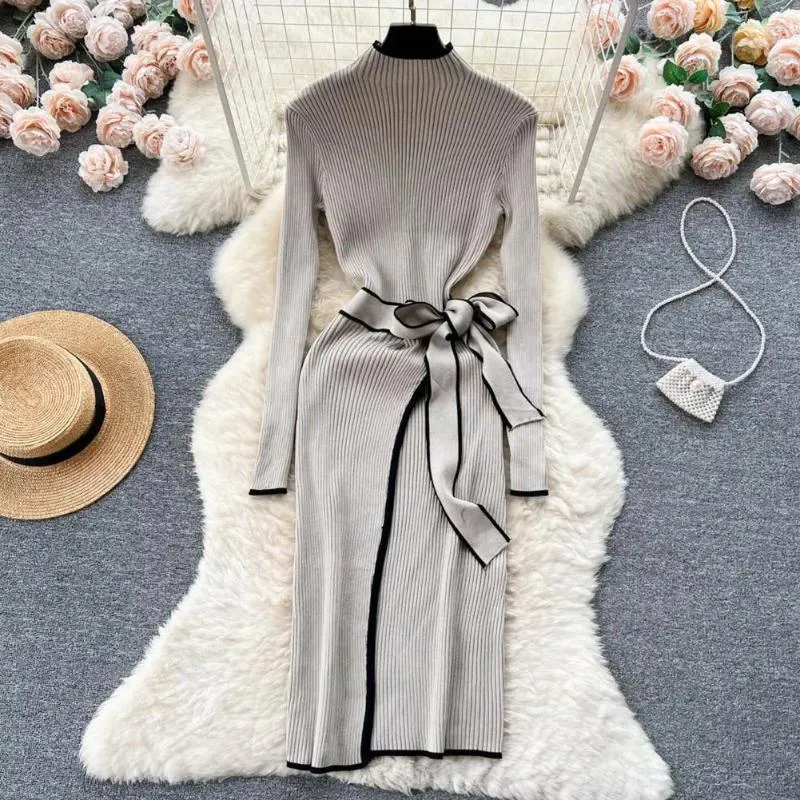 Casual Dresses Lady Winter Maxi Dress Elegant Vintage High Neck With Belted Midje Split Hem Women's Long Sleeve Sticked Mante